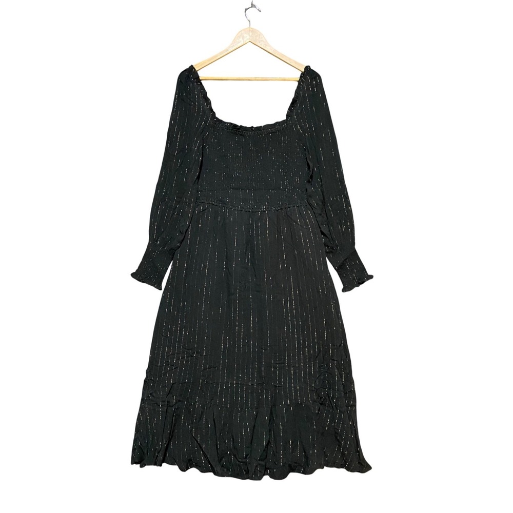 OAT New York Women Black Gold Metallic Pinstripe Smocked Midi Dress M Party Boho